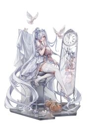  1girl absurdres analog_clock bird blue_eyes breasts cinderella_(glass_princess)_(nikke) cinderella_(nikke) clock crown dove dress full_body goddess_of_victory:_nikke hair_over_one_eye highres huge_breasts long_hair looking_at_viewer mini_crown mirror mouse_(animal) official_alternate_costume pale_skin r0_0ong red_eyes simple_background sitting solo thick_thighs thighhighs thighs twintails very_long_hair white_background white_dress white_thighhighs  rating:Sensitive score:8 user:danbooru