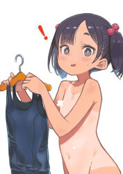  ! 1girl absurdres black_eyes black_hair blue_one-piece_swimsuit censored censored_nipples clothes_hanger collarbone commentary_request hair_bobbles hair_ornament highres loli monomono navel nude one-piece_swimsuit one-piece_tan open_mouth original out-of-frame_censoring paid_reward_available school_swimsuit simple_background solo swimsuit tan tanline twintails unworn_swimsuit white_background 