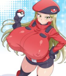  1girl absurdres beret bike_shorts black_gloves blonde_hair breasts commentary_request covered_erect_nipples female_focus gigantic_breasts gloves gluteal_fold hat highres hitokiwa_kenchin holding holding_poke_ball impossible_clothes jacket long_hair looking_at_viewer matching_hair/eyes nintendo npc_trainer poke_ball poke_ball_(basic) pokemon pokemon_ranger_(pokemon) pokemon_xy red_jacket scowl solo standing thick_thighs thigh_gap thighs very_long_hair yellow_eyes 