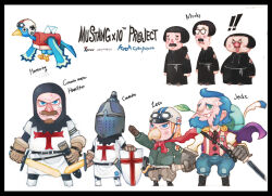  ! !! 6+boys beak beard big_nose bird black_boots black_hair black_robe blue_eyes blue_hair blue_pants boots brown_hair brown_pants closed_mouth commentary_request cyanporoco envelope facial_hair full_body goatee goggles goggles_on_headwear green_eyes hat helm helmet holding holding_shield holding_sword holding_weapon knight korean_commentary looking_at_viewer mailbox_(incoming_mail) monk multiple_boys mustache original pants red_scarf robe salute scabbard scarf sheath shield simple_background smile standing straight-arm_salute sword v-shaped_eyebrows weapon white_background white_hat white_robe 