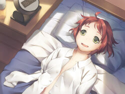 1girl alarm_clock amputee armless_amputee artist_request breasts clock double_amputee game_cg green_eyes katawa_shoujo lying medium_breasts no_bra non-web_source official_art on_back on_bed open_clothes open_mouth open_shirt pillow red_hair shirt short_hair sleeve_tied_shut small_breasts smile solo tezuka_rin upper_body white_shirt