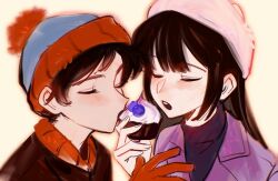  1boy 1girl black_hair black_sweater blue_hat blueberry blush brown_jacket closed_eyes cupcake fingernails food fruit gloves hand_up hat highres holding holding_food jacket lapels long_hair open_clothes open_jacket open_mouth pink_hat pom_pom_(clothes) purple_jacket red_gloves rrrrrrrrrrrou1 short_hair simple_background south_park stan_marsh sweater teeth turtleneck turtleneck_sweater upper_body wendy_testaburger white_background 
