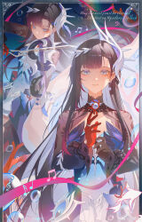  1girl absurdres black_hair blue_eyes breasts bubble deji_zz dress earrings english_text gloves highres holding honkai:_star_rail honkai_(series) hysilens_(honkai:_star_rail) jewelry long_hair long_sleeves looking_at_viewer multicolored_hair multiple_views musical_note parted_lips red_gloves ribbon smile solo very_long_hair watermark weapon weibo_username weibo_watermark 