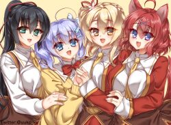 4girls :d ahoge amagiri_yune amairo_islenauts animal_ears between_breasts black_hair blue_eyes blunt_bangs bow bowtie braid breasts brown_corset butterfly_hair_ornament cardigan collared_shirt commentary_request corset cowboy_shot crown_braid eyes_visible_through_hair fang flower fuyukichi_(nikoniko1567) green_eyes hair_between_eyes hair_flower hair_ornament hair_ribbon hand_up happy highres holding_hands jacket large_breasts long_hair looking_at_viewer masaki_gaillard medium_hair multiple_girls necktie necktie_between_breasts one_side_up open_cardigan open_clothes open_jacket open_mouth ponytail red_bow red_bowtie red_hair red_jacket red_ribbon ribbon school_uniform shiraga_airi shirley_warwick shirt side-by-side simple_background sleeves_past_wrists smile steepled_fingers straight_hair tail tail_raised twintails twitter_username very_long_hair white_flower white_shirt wolf_ears wolf_girl wolf_tail x_hair_ornament yellow_background yellow_cardigan yellow_eyes yellow_necktie 
