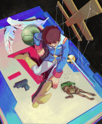  1boy absurdres amuro_ray blue_jacket boots brown_hair commentary_request control_bar feathers from_above gun gundam handgun haro highres ishida_6610 jacket looking_at_viewer male_focus mobile_suit_gundam puppet puppet_strings rapier short_hair solo sword tears weapon yellow_boots 
