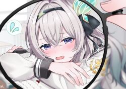  1girl 1other @_@ black_hairband black_order_uniform black_ribbon black_sailor_collar black_sleeve_cuffs black_sleeves blush crossed_arms firefly_(honkai:_star_rail) firefly_(spring_missive)_(honkai:_star_rail) glasses gradient_eyes grey_hair hair_between_eyes hair_intakes hair_ornament hairband highres holding holding_removed_eyewear honkai:_star_rail honkai_(series) lying multicolored_eyes open_mouth ribbon sailor_collar sweatdrop tiizumaru98 unworn_eyewear white_sleeves 