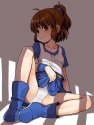  1girl ahoge arle_nadja blush boots breasts brown_eyes brown_hair clothes_lift drop female_focus loli madou_monogatari panties ponytail puyopuyo sega shadow sidelocks sideways_glance sitting skirt skirt_lift small_breasts smile solo spread_legs stupa13a sweat third-party_edit underwear white_panties  rating:Questionable score:146 user:chopblock