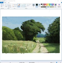  art_program_in_frame blue_sky border bush christianyounga dappled_sunlight day forest grass landscape microsoft_paint_(medium) nature no_humans original outdoors path road scenery sky sunlight tree white_border 