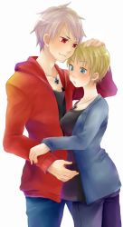  1boy 1girl albino axis_powers_hetalia blonde_hair blue_eyes blush couple cross gender_request genderswap germany_(hetalia) hand_on_head iron_cross jacket jewelry necklace prussia_(hetalia) red_eyes short_hair simple_background white_background white_hair  rating:Sensitive score:5 user:biibii801