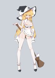  1girl absurdres adapted_costume apron back_bow black_footwear black_hat blonde_hair blush bow bra braid breasts broom chinese_commentary commentary_request detached_collar full_body hair_bow hat hat_bow highres huangyou kirisame_marisa large_breasts long_hair nipple_piercing nipples piercing purple_nails pussy shelf_bra side_braid single_braid solo standing thighhighs tongue tongue_out tongue_piercing touhou underwear very_long_hair waist_apron white_bow white_thighhighs white_wrist_cuffs witch_hat wrist_cuffs yellow_eyes 