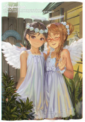 2girls :d ^_^ alphonse_(white_datura) angel_wings arms_behind_back bare_arms bare_shoulders black_eyes black_hair blush braid brown_hair building closed_eyes commentary dress english_commentary english_text facing_viewer feathered_wings feet_out_of_frame fence flower flower_wreath glasses hair_bun hair_flower hair_ornament head_wreath highres lantern lifebuoy looking_at_viewer multiple_girls open_mouth original parted_bangs plant red-framed_eyewear rose scrunchie semi-rimless_eyewear sidelocks single_hair_bun sleeveless sleeveless_dress smile standing sundress swim_ring twin_braids under-rim_eyewear waving white_flower white_rose white_wings wings wooden_fence wrist_scrunchie rating:Sensitive score:94 user:danbooru