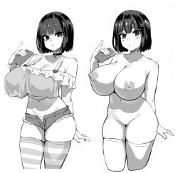  1girl asanagi black_hair breasts cellphone large_breasts monochrome nipples nude off_shoulder phone short_hair short_shorts shorts snowbox striped_clothes striped_thighhighs study tagme thick_thighs thighhighs thighs  rating:Explicit score:157 user:Ryomi_Oni