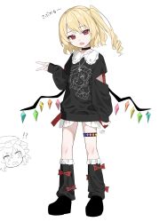  !? 2girls absurdres alternate_costume arm_cutout black_choker black_leg_warmers black_shirt black_shoes blonde_hair choker crystal crystal_wings fang flandre_scarlet highres homura_(homura_me) jewelry leg_warmers long_sleeves looking_at_viewer multicolored_wings multiple_girls necklace no_headwear one_side_up open_mouth pendant red_eyes remilia_scarlet shirt shoes siblings signature simple_background sisters skin_fang smile solo_focus sweatdrop thigh_strap touhou v white_background wings 