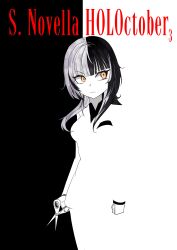  1girl absurdres black_hair cd_usr character_name grey_hair highres holding holding_scissors hololive hololive_english long_hair multicolored_hair parody poster_parody scarface scissors shiori_novella solo split-color_hair two-tone_hair virtual_youtuber yellow_eyes 