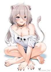  1girl :d ahoge animal_ear_fluff animal_ears barefoot black_choker black_eyes black_nails blush breasts casino_(casinoep) choker cleavage ear_piercing fangs feet full_body grey_hair highres hololive indian_style jewelry lion_ears lion_tail long_hair looking_at_viewer low_twintails medium_breasts nail_polish necklace off_shoulder open_mouth piercing shirt shishiro_botan shishiro_botan_(casual) short_sleeves sitting smile solo tail tail_raised toenail_polish toenails twintails virtual_youtuber white_shirt  rating:Sensitive score:112 user:danbooru