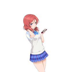 1girl blue_bow blue_bowtie blue_skirt blush bow bowtie brown_sweater_vest cellphone diagonal-striped_bow diagonal-striped_bowtie diagonal-striped_clothes dress_shirt dutch_angle furrowed_brow hand_in_own_hair hands_up holding holding_phone jitome looking_at_viewer love_live! love_live!_school_idol_festival love_live!_school_idol_project medium_hair miniskirt nishikino_maki official_art open_mouth otonokizaka_school_uniform phone plaid_clothes plaid_skirt pleated_skirt purple_eyes raised_inner_eyebrows red_hair school_uniform shirt short_sleeves skirt smartphone solo standing striped_clothes summer_uniform sweater_vest three_quarter_view transparent_background white_shirt 