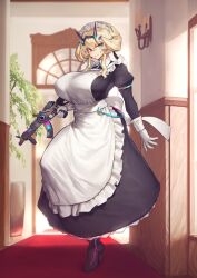  1girl apron arm_behind_back back_bow barghest_(fate) barghest_(swimsuit_archer)_(fate) barghest_(swimsuit_archer)_(second_ascension)_(fate) black_boots black_dress blonde_hair blue_eyes boots bow breasts closed_mouth collared_dress dress fate/grand_order fate_(series) full_body game_cg gloves gun hand_up heterochromia high_heel_boots high_heels holding holding_gun holding_weapon horns huge_breasts indoors juliet_sleeves leg_up long_dress long_sidelocks long_sleeves looking_at_viewer maid maid_apron maid_headdress melon22 official_art puffy_sleeves red_eyes short_hair_with_long_locks sidelocks sleeve_cuffs smile solo standing standing_on_one_leg third-party_source trigger_discipline variant_set weapon weapon_request white_apron white_gloves wing_collar 