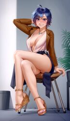 1girl absurdres blue_eyes blush breasts commission feet high_heels highres kairunoburogu large_breasts legs looking_at_viewer nail_polish no_bra office_lady open_clothes open_shirt original sandals short_hair sitting smile solo toenail_polish toenails toes wedge_heels rating:Sensitive score:303 user:danbooru