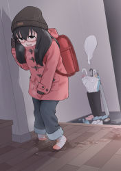 1girl absurdres backpack bag baseball_bat beanie between_legs black_eyes black_hair blue_pants blush breath brown_gloves brown_hat clenched_hand coat commission crocs embarrassed female_focus flat_chest full_body gloves half-closed_eyes hand_between_legs hand_up hat have_to_pee highres hood hood_down hooded_coat huge_filesize indoors knees_together_feet_apart loli long_hair looking_at_viewer open_mouth original pants pee pee_trail peeing peeing_self pigeon-toed pink_coat pink_socks pocket puddle randoseru red-framed_eyewear semi-rimless_eyewear sidelocks skeb_commission slippers socks solo standing striped_clothes striped_socks tamura-chan teeth umbrella umbrella_stand wet wet_clothes winter_clothes wooden_floor rating:Questionable score:59 user:AngryZapdos