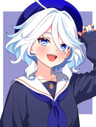  1girl alternate_costume black_shirt blue_eyes blue_hair blue_hat blue_neckerchief border collarbone commentary furina_(genshin_impact) genshin_impact hair_between_eyes hair_intakes hat heterochromia highres looking_at_viewer mismatched_pupils multicolored_hair neckerchief open_mouth outside_border purple_background purple_eyes sailor_collar school_uniform serafuku shinonome_sakura shirt short_hair simple_background solo streaked_hair white_border white_hair white_sailor_collar 
