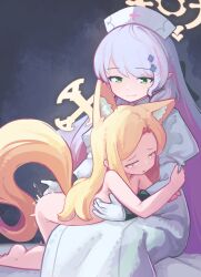  2girls absurdres age_difference animal_ear_fluff animal_ears barefoot blonde_hair blue_archive blue_hair breasts clothed_female_nude_female completely_nude dress extra_ears feet fingering forehead fox_ears fox_girl fox_tail gloves grabbing_another&#039;s_arm grabbing_another&#039;s_breast green_eyes groping hair_ornament halo hat highres kanbaki kneeling leaning_forward loli long_hair mine_(blue_archive) multiple_girls nude nurse nurse_cap onee-loli pointy_ears pussy_juice seia_(blue_archive) sitting small_breasts smile tail toes trembling very_long_hair white_dress white_gloves white_hat yellow_eyes yellow_halo yuri 