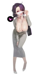  1girl absurdres blush breasts cleavage dongtan_dress dress full_body hair_over_one_eye heart highres large_breasts looking_at_viewer mask mask_pull mature_female meme_attire mouth_mask open_mouth original purple_eyes purple_hair sb_(dlwnsrl1783) simple_background smile solo standing tongue tongue_out white_background 