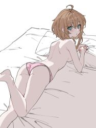  1girl ahoge ass back bed_sheet blush breasts brown_hair highres looking_at_viewer looking_back lying medium_breasts on_stomach original panties parted_lips pillow pink_panties short_hair_with_long_locks shoulder_blades solo taka_oedo topless_female underwear underwear_only  rating:Questionable score:22 user:danbooru