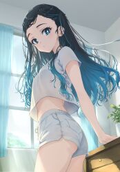  1girl 22/7 absurdres ass black_hair blue_eyes blue_hair breasts closed_mouth commentary_request cowboy_shot from_below from_side gradient_hair hand_on_table highres indoors kurubushinenza long_hair looking_at_viewer multicolored_hair nishiura_sora shirt short_sleeves shorts small_breasts solo sunlight white_shirt white_shorts window 