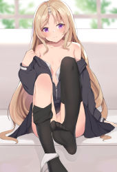 1girl absurdres bare_shoulders black_legwear black_skirt blonde_hair blush breasts civia closed_mouth collarbone convenient_leg feet female_focus frown highres hololive hololive_china horns jacket knees_up long_hair long_sleeves miniskirt no_bra no_shoes off_shoulder open_clothes open_jacket panties panties_around_leg parted_bangs partially_unzipped pleated_skirt purple_eyes single_horn sitting skirt small_breasts soles solo thighhighs_pull toes underwear very_long_hair virtual_youtuber white_panties xiao_lin_jiu rating:Questionable score:135 user:danbooru