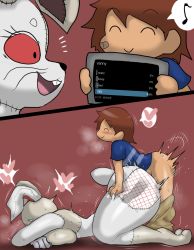1boy 1girl animal_costume arm_grab ass ass_grab breasts brown_hair costume doggystyle enigi09 five_nights_at_freddy&#039;s five_nights_at_freddy&#039;s:_security_breach gregory_(fnaf) happy_sex heart hetero highres huge_ass instant_loss large_insertion large_penis looking_at_another motion_lines open_mouth penis rabbit_costume sex sex_from_behind shota simple_background smile speech_bubble trembling vaginal vanny_(fnaf) x-ray rating:Explicit score:567 user:fakyuh