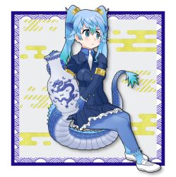  10s 1girl 2hu4u absurdres animal_ears anime_coloring armband back_bow blue_hair blue_jacket blue_skirt blue_socks bow buttons collared_shirt dragon dragon_ears dragon_girl dragon_tail drop_shadow eastern_dragon egasumi extra_ears frills gloves gold_armband gold_hairband hair_between_eyes hairband highres holding jacket kemono_friends long_hair long_sleeves looking_to_the_side multicolored_hair necktie pantyhose scales seiryuu_(kemono_friends) shirt shoes sidelocks skirt socks solo tail twintails vase white_shoes  rating:General score:2 user:2hu4u