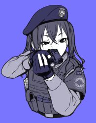  1girl beret black_eyes blue_background bulletproof_vest center_axis_relock_stance cropped_torso dokuromaru fighting_stance fingerless_gloves flashlight gloves grey_hair gun handgun hat holding holding_gun holding_weapon idolmaster idolmaster_cinderella_girls medium_hair mole mole_under_eye pistol police police_uniform simple_background solo sunazuka_akira twintails two-handed_handgun_grip upper_body weapon 