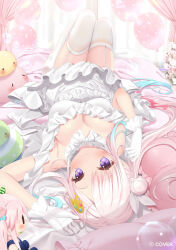  1girl airani_iofifteen alternate_costume balloon blue_hair breasts cleavage copyright_name dress garter_straps gloves gradient_hair hair_bun hair_ribbon hololive hololive_indonesia knees_up light_blush long_hair looking_at_viewer lying medium_breasts multicolored_hair official_art on_back palette_hair_ornament parted_bangs pink_hair purple_eyes ribbon side_ponytail side_up_bun smile solo thighhighs very_long_hair virtual_youtuber white_dress white_garter_straps white_gloves white_ribbon white_thighhighs yano_mitsuki_(nanairo) 