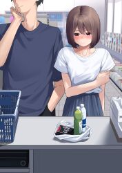1boy 1girl absurdres bag black_pants blue_shirt blue_skirt blush bottle brown_eyes brown_hair buying_condoms cashier closed_mouth condom_box convenience_store couple embarrassed hand_in_pocket hand_up highres indoors nagio_(kiona) original pants plastic_bag shirt shop shopping_basket short_hair skirt t-shirt water_bottle white_shirt rating:Sensitive score:28 user:danbooru