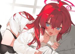  1girl ahoge b_zhan_cm_yang black_panties black_pantyhose blue_archive blue_eyes blush breasts clothes_pull collared_shirt crossed_bangs fang hair_between_eyes halo highres long_hair long_sleeves looking_at_viewer lying maki_(blue_archive) open_mouth panties panty_pull pantyhose pantyhose_pull pillow red_hair red_halo shirt small_breasts smile solo underwear very_long_hair white_shirt 
