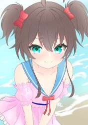 1girl absurdres ahoge artist_request beach blue_sailor_collar blush bow brown_hair closed_mouth collarbone detached_sleeves flat_color frills hair_between_eyes hair_bow highres hololive holonatsu_paradise looking_at_viewer natsuiro_matsuri natsuiro_matsuri_(holonatsu_paradise) official_alternate_costume official_alternate_hairstyle outdoors puffy_sleeves red_bow sailor_collar short_sleeves sidelocks simple_background smile solo twintails two_side_up unfinished virtual_youtuber 