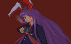  1girl animal_ears black_jacket blazer cigarette collared_shirt commentary_request gun handgun holding holding_gun holding_weapon jacket laser_sight long_hair long_sleeves looking_at_viewer necktie open_mouth purple_hair rabbit_ears rabbit_girl red_background red_eyes red_necktie reisen_udongein_inaba ritsuzou shirt simple_background smoke smoking solo touhou upper_body very_long_hair weapon white_shirt 