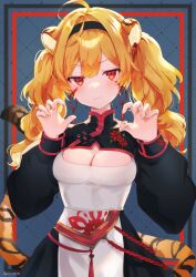  &gt;:3 ahoge animal_ears breasts chinese_clothes claw_pose cleavage_cutout clothing_cutout curly_hair dress facepaint fake_animal_ears flower_print hair_between_eyes hair_intakes hair_up headband highres long_hair long_sleeves medium_breasts nekojita_(ika_neko46) orange_hair red_eyes tagme tail tiger_ears tiger_tail twintails 