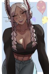  1girl ;d abs absurdres animal_ears artist_name balloon black_shirt blush boku_no_hero_academia braid breasts cleavage collarbone cowboy_shot dark-skinned_female dark_skin eyelashes gud0c hair_ornament highres long_hair long_sleeves looking_at_viewer midriff mirko muscular muscular_female navel navel_piercing one_eye_closed open_mouth pants parted_bangs piercing rabbit_ears rabbit_girl raised_eyebrow red_eyes shirt simple_background smile solo tongue tongue_out twin_braids  rating:Sensitive score:151 user:danbooru