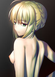 1girl absurdres ahoge artoria_pendragon_(fate) back besmiled blonde_hair braid braided_bun breasts fate/stay_night fate_(series) green_eyes hair_bun highres long_hair looking_at_viewer looking_back medium_breasts nipples nude saber_(fate) sidelocks single_hair_bun smile solo rating:Questionable score:52 user:danbooru