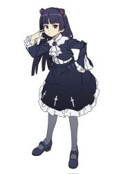  1girl black_dress black_hair dress expressionless frills full_body gokou_ruri gothic_lolita highres kan_ppang lolita_fashion long_hair looking_at_viewer mary_janes mole mole_under_eye ore_no_imouto_ga_konna_ni_kawaii_wake_ga_nai pantyhose red_eyes shoes simple_background solo white_background 