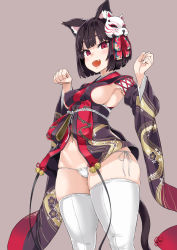  1girl :d animal_ears asanagi azur_lane black_hair blunt_bangs blush breasts cat_ears cat_mask cat_tail commentary_request cowboy_shot fang female_focus grey_background hair_ornament hands_up highres japanese_clothes looking_at_viewer mask medium_breasts micro_panties navel open_mouth panties paw_pose red_eyes short_hair sideboob simple_background skindentation smile solo tail thick_thighs thighhighs thighs underwear unworn_mask white_panties white_thighhighs yamashiro_(azur_lane)  rating:Sensitive score:131 user:danbooru
