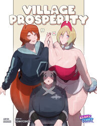  3girls akari_(pokemon) arezu_(pokemon) artist_name black_eyes black_hair blonde_hair blue_eyes breasts brown_eyes brown_hair cleavage comic_cover diamond_clan_outfit english_text galaxy_expedition_team_survey_corps_uniform highres huge_breasts irida_(pokemon) kennycomix mmmmmkun multiple_girls nintendo pantyhose pink_shirt pokemon pokemon_legends:_arceus red_pantyhose shirt short_hair strapless strapless_shirt 