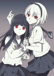 2girls aged_up arms_up bekkourico black_hair black_hairband bow bowtie breasts commentary cowboy_shot furude_rika gradient_background grey_background grey_neckwear grey_sailor_collar grey_skirt hairband higurashi_no_naku_koro_ni higurashi_no_naku_koro_ni_gou holding_hands houjou_satoko interlocked_fingers long_hair long_sleeves medium_breasts monochrome multiple_girls neckerchief parted_lips pleated_skirt red_eyes sailor_collar shirt short_hair short_sleeves signature simple_background skirt small_breasts spot_color white_hair white_shirt rating:Sensitive score:9 user:danbooru