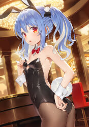 1girl adjusting_clothes adjusting_leotard alternate_hairstyle animal_ear_hairband animal_ears backless_leotard bare_back bare_shoulders black_bow black_leotard black_pantyhose blue_hair bow bowtie casino clothing_cutout commentary detached_collar double-parted_bangs earrings extra_ears fake_animal_ears flat_chest hair_between_eyes hair_bow hair_ornament hairband hand_up highres hikimayu hololive indoors jewelry leotard long_hair looking_at_viewer multicolored_hair pantyhose playboy_bunny pom_pom_(clothes) pom_pom_earrings pom_pom_hair_ornament rabbit-shaped_pupils rabbit_ear_hairband rabbit_ears rabbit_girl rabbit_tail red_bow red_bowtie red_eyes short_eyebrows solo strapless strapless_leotard streaked_hair symbol-only_commentary symbol-shaped_pupils tail thick_eyebrows traditional_bowtie twintails two-tone_hair underboob_cutout usada_pekora usada_pekora_(1st_costume) virtual_youtuber white_hair white_wrist_cuffs wrist_cuffs yuuki_hagure rating:Sensitive score:29 user:danbooru