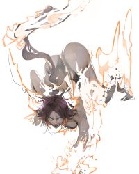  1girl absurdres all_fours ass black_leotard bleach bleach:_sennen_kessen-hen breasts dark-skinned_female dark_skin electricity electrokinesis highres huge_ass kanji_(nievart) leotard long_hair looking_at_viewer open_mouth parted_bangs ponytail purple_hair shihouin_yoruichi simple_background smile solo teeth thighhighs thighs toned toned_female white_background yellow_eyes 