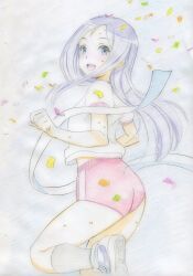  1girl blue_eyes blue_hair blush buruma colored_pencil_(medium) commentary_request confetti grey_socks gym_uniform long_hair looking_at_viewer mujaki_no_rakuen nishikawa_takashi open_mouth pink_buruma sasaki_nako shirt shoes smile sneakers socks solo traditional_media white_shirt 