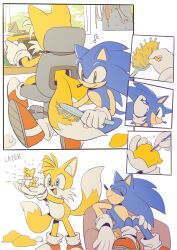2boys blonde_hair blue_eyes blue_fur blue_hair brushing_tail child figure fox gloves green_eyes hair_brush highres miles_electric multiple_boys multiple_tails sega shoes sitting smile socks sonic_(series) sonic_the_hedgehog spiked_hair spikes tail tails_(sonic) two_tails yellow_fur