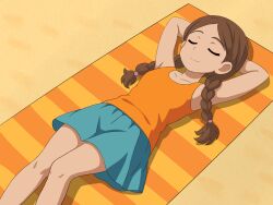  1girl beach beach_towel braid brown_hair closed_eyes highres kingo long_hair original skirt smile solo tank_top towel twin_braids twintails 