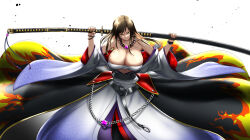  1girl armpit_peek arms_up bandeau bare_shoulders bead_necklace beads belt black_background breasts brown_hair chain chikuwabu_(yokowokazuaki) cleavage collarbone commentary_request flame_print gradient_background gradient_clothes gradient_kimono grey_background highres holding holding_sheath holding_sword holding_weapon huge_breasts idolmaster idolmaster_cinderella_girls japanese_clothes jewelry kimono kubrick_stare long_hair looking_at_viewer mukai_takumi multicolored_kimono necklace off_shoulder ootachi scabbard sheath sheathed smile solo standing swept_bangs sword two-sided_fabric weapon weapon_across_shoulders white_background white_bandeau yellow_eyes 